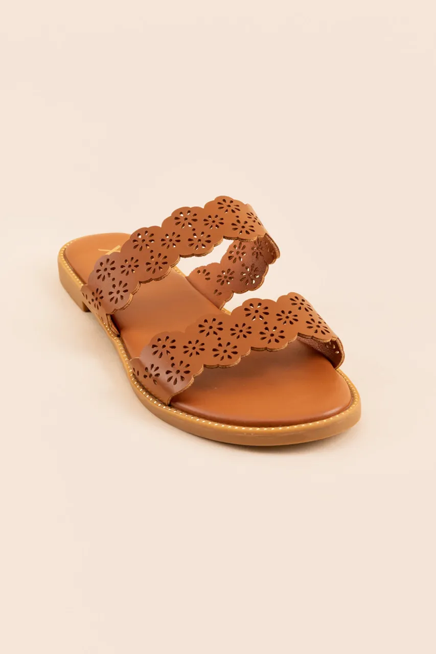 XOXO Maddey Laser Cut Floral Sandals in Cognac